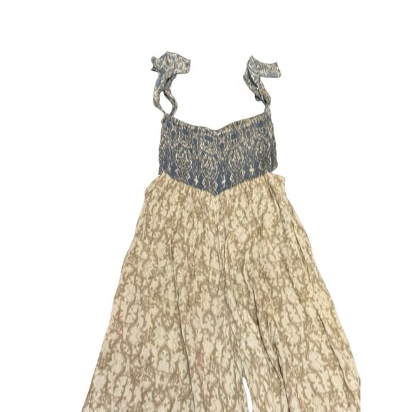 Free People Boho Smocked Wide-Leg Jumpsuit XS Blue Beige Floral Tie Straps - Picture 6 of 11